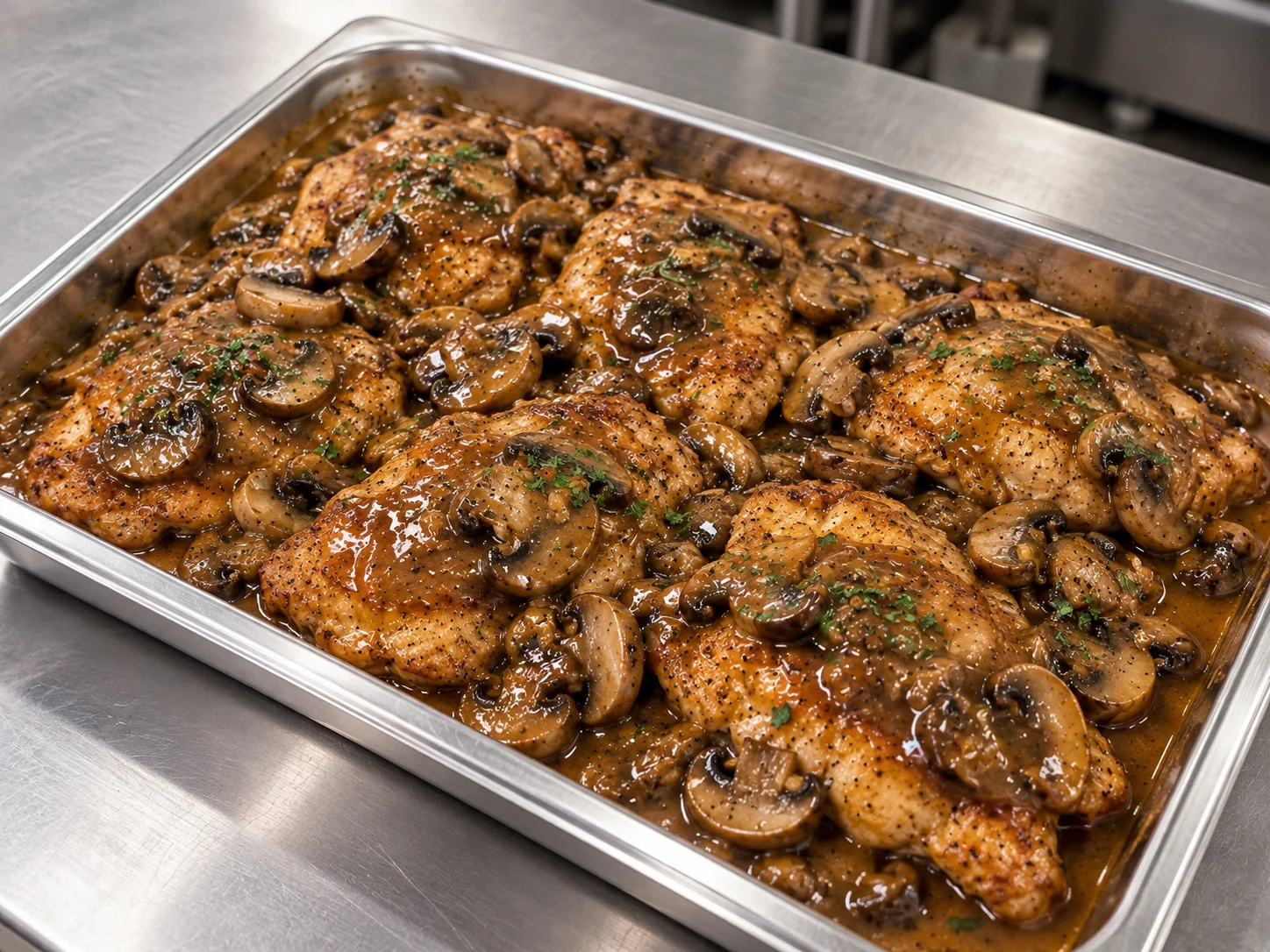 Chicken marsala catering tray with mushrooms