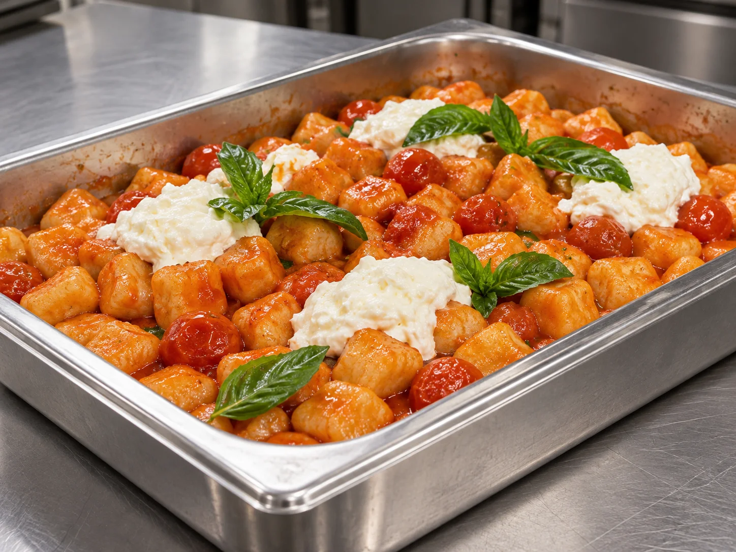 House-made gnocchi catering tray with burrata and basil