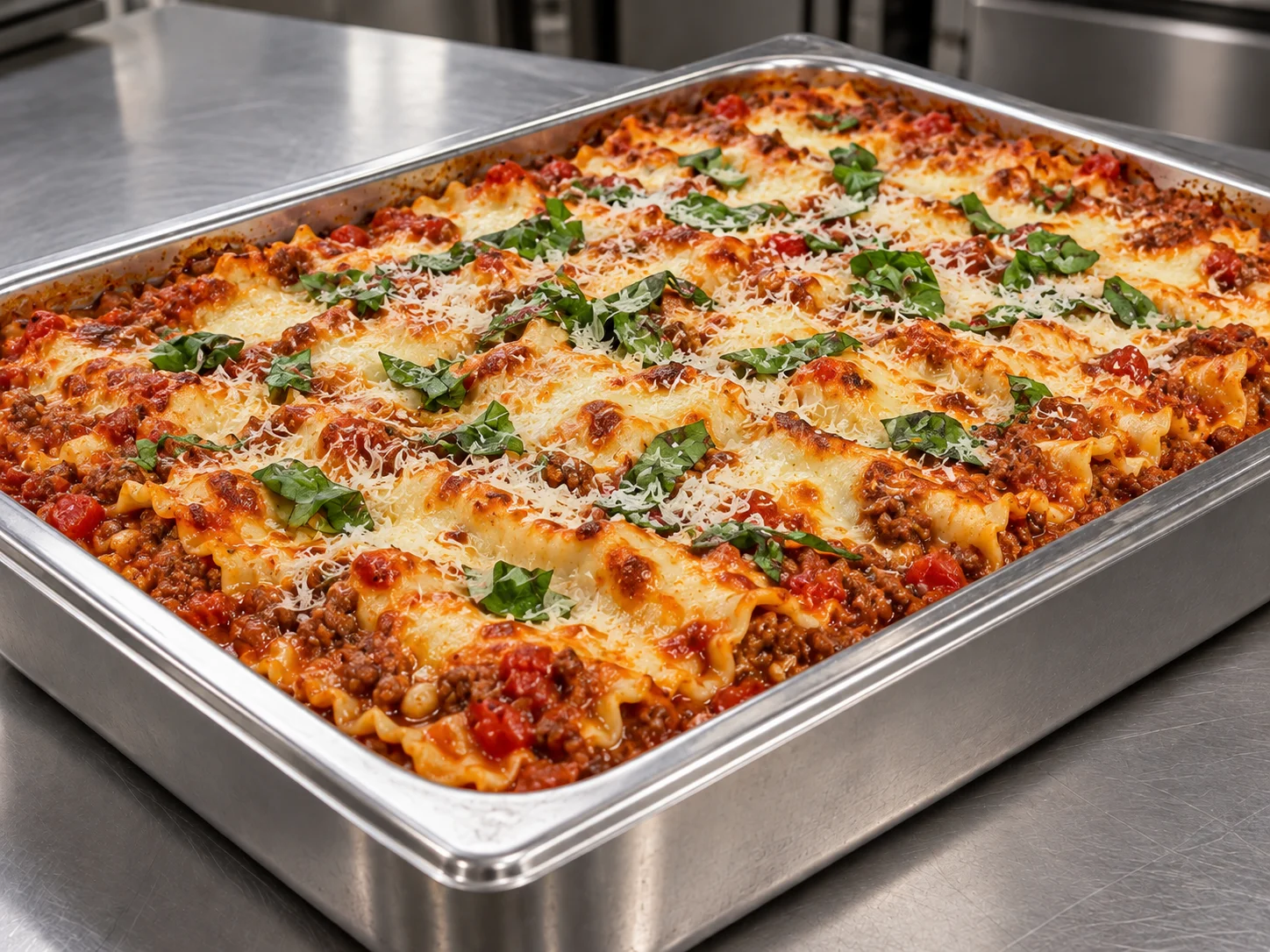 Golden-baked lasagna catering tray