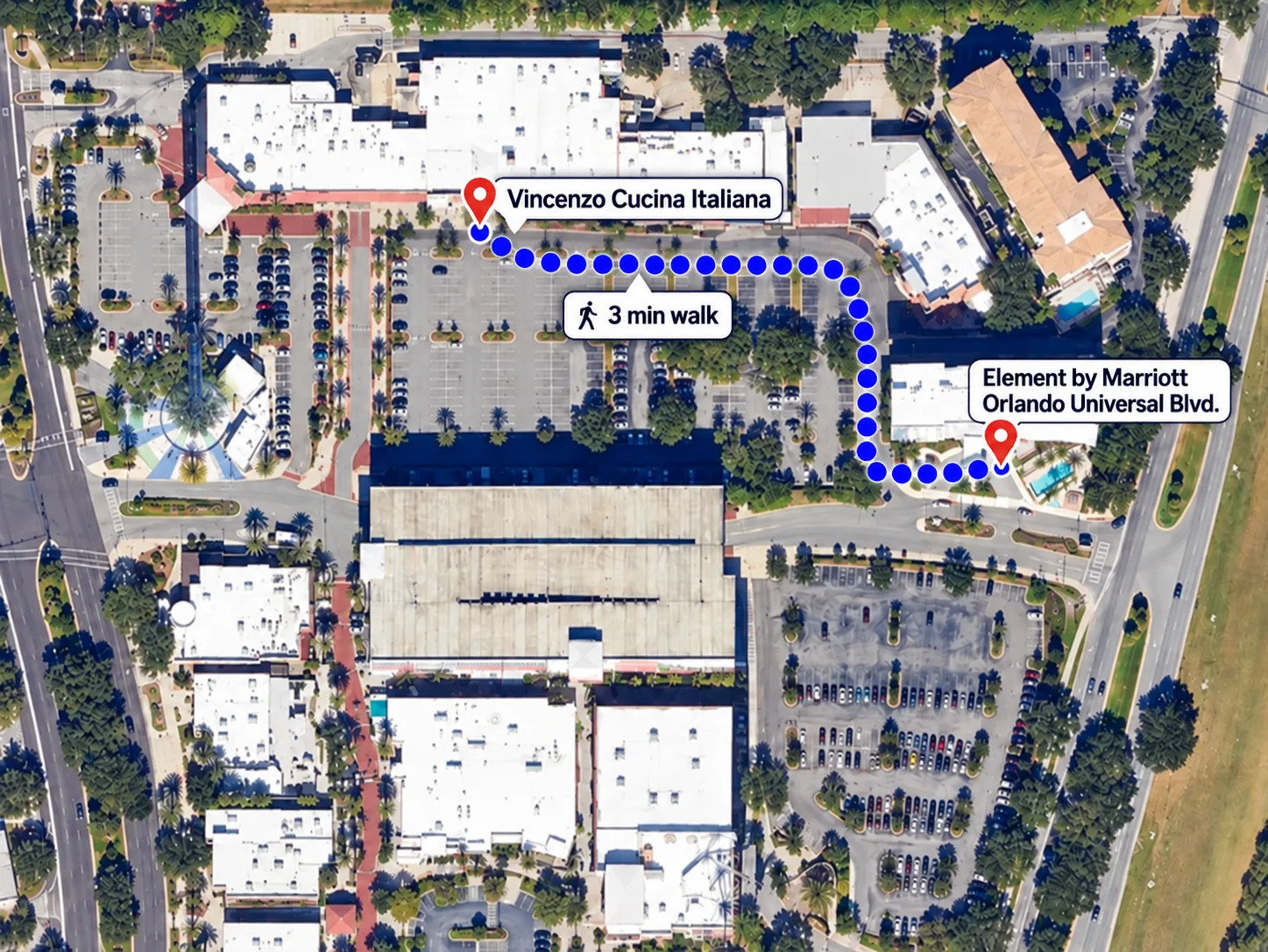 Walking route from Element by Marriott Orlando Universal Blvd to Vincenzo Cucina Italiana at ICON Park - 3 minute walk