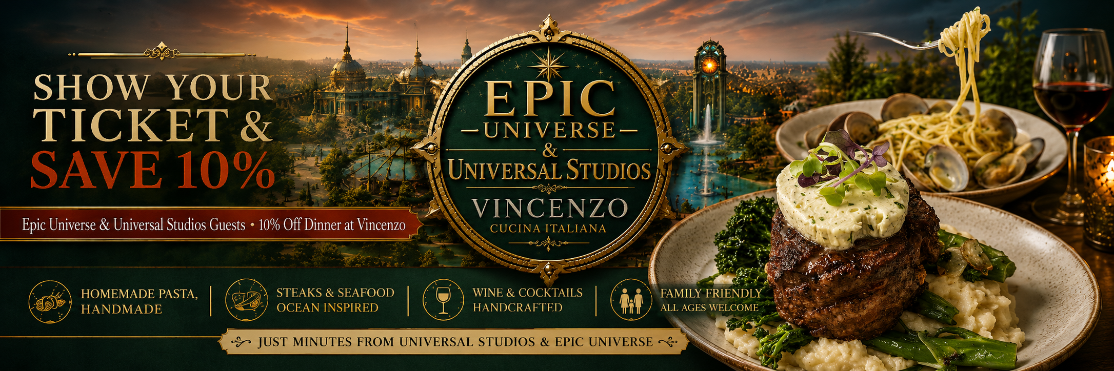 Show Your Epic Universe or Universal Studios Ticket and Save 10% Off Dinner at Vincenzo on International Drive
