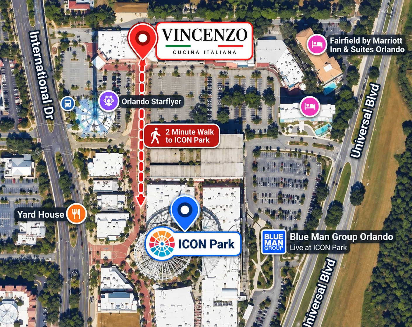 Vincenzo Cucina Italiana to ICON Park - 2 Minute Walk on International Drive