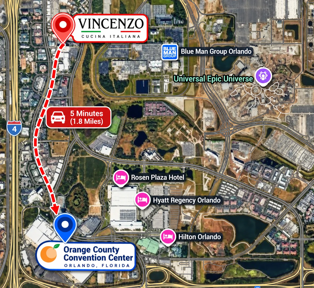 Vincenzo Cucina Italiana to Orange County Convention Center - 1.8 Miles, 5 Minute Drive on International Drive